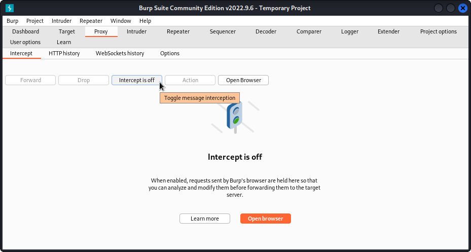 Figure 3: Toggle intercept on to record HTTP calls made within Burp&rsquo;s browser.