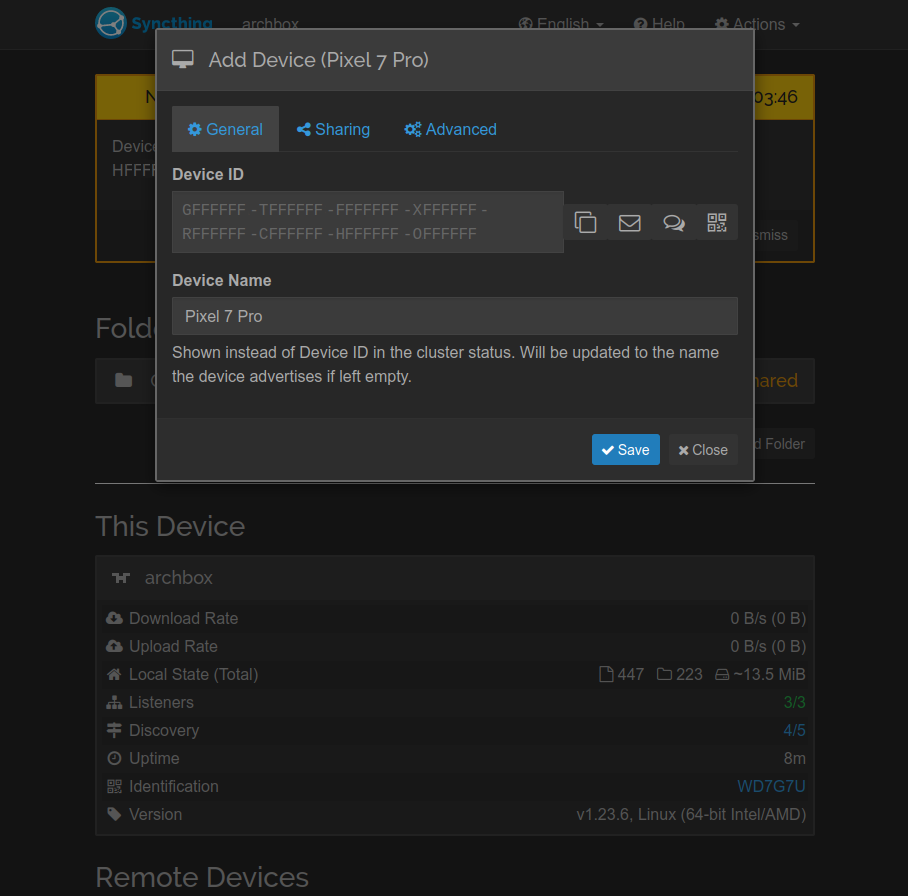 Figure 5: Add new device on syncthing host.